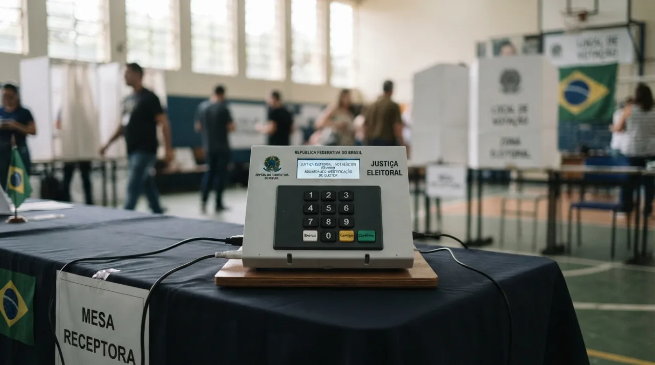 Urna eletrônica brasileira moderna em destaque sobre uma mesa, com fundo desfocado que remete a um ambiente oficial de votação, iluminação profissional e tons sóbrios.