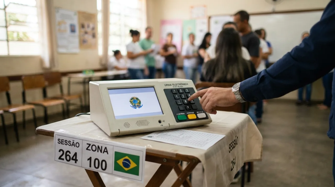 Urna eletrônica brasileira moderna em uma mesa de seção eleitoral com uma mão de um eleitor pronta para digitar os números, fundo desfocado de uma sala de aula, iluminação suave e