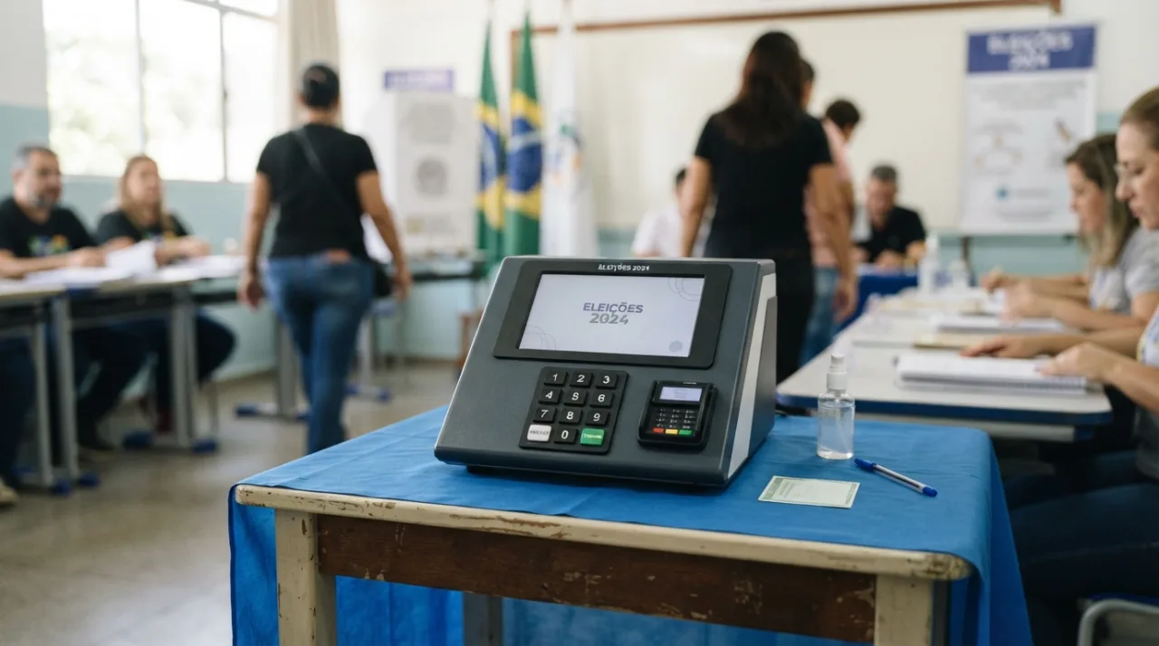 Urna eletrônica brasileira moderna em uma mesa de seção eleitoral, ambiente iluminado, foco nítido, estilo jornalístico profissional, sem textos ou logotipos.