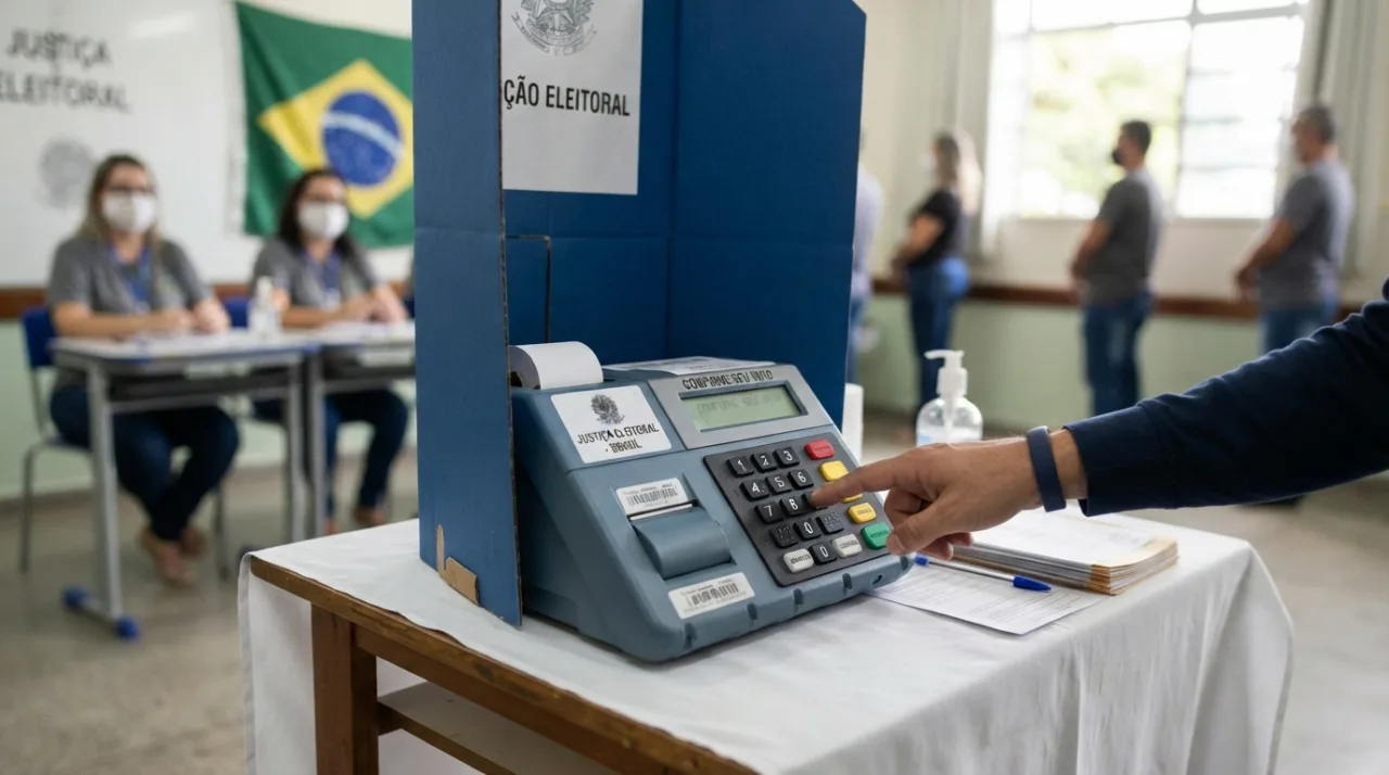 Urna eletrônica brasileira moderna em uma seção eleitoral iluminada, foco em detalhe técnico, conceito de democracia e cidadania, ambiente organizado e neutro.