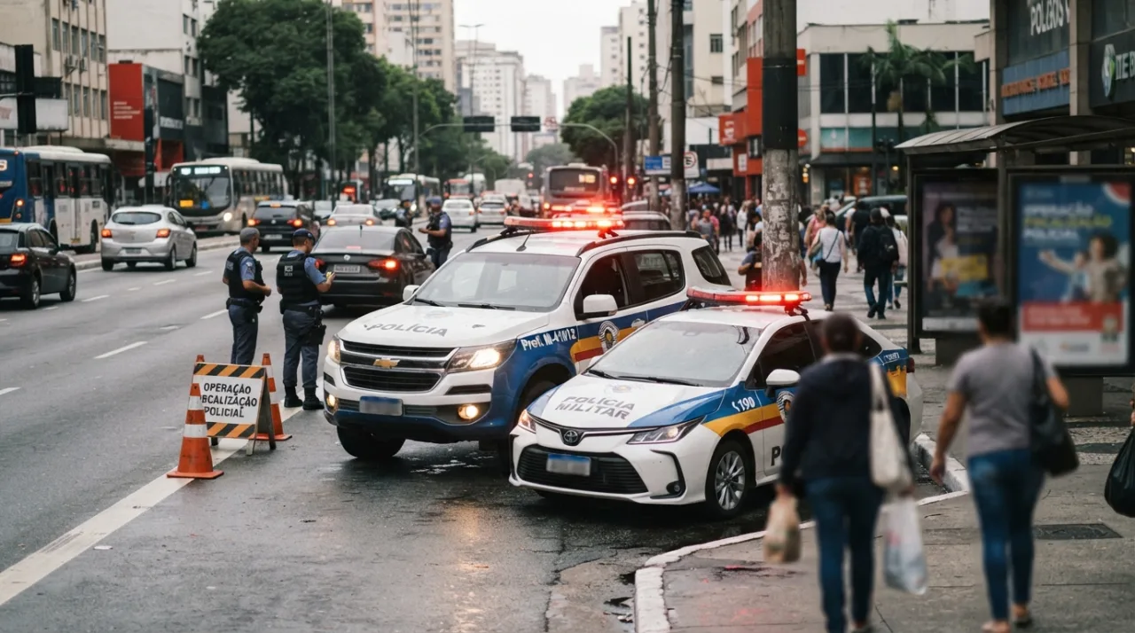 Viaturas da polícia em uma operação ostensiva de fiscalização em ambiente urbano, foco em viaturas com luzes de alerta, clima de seriedade e diligência policial.