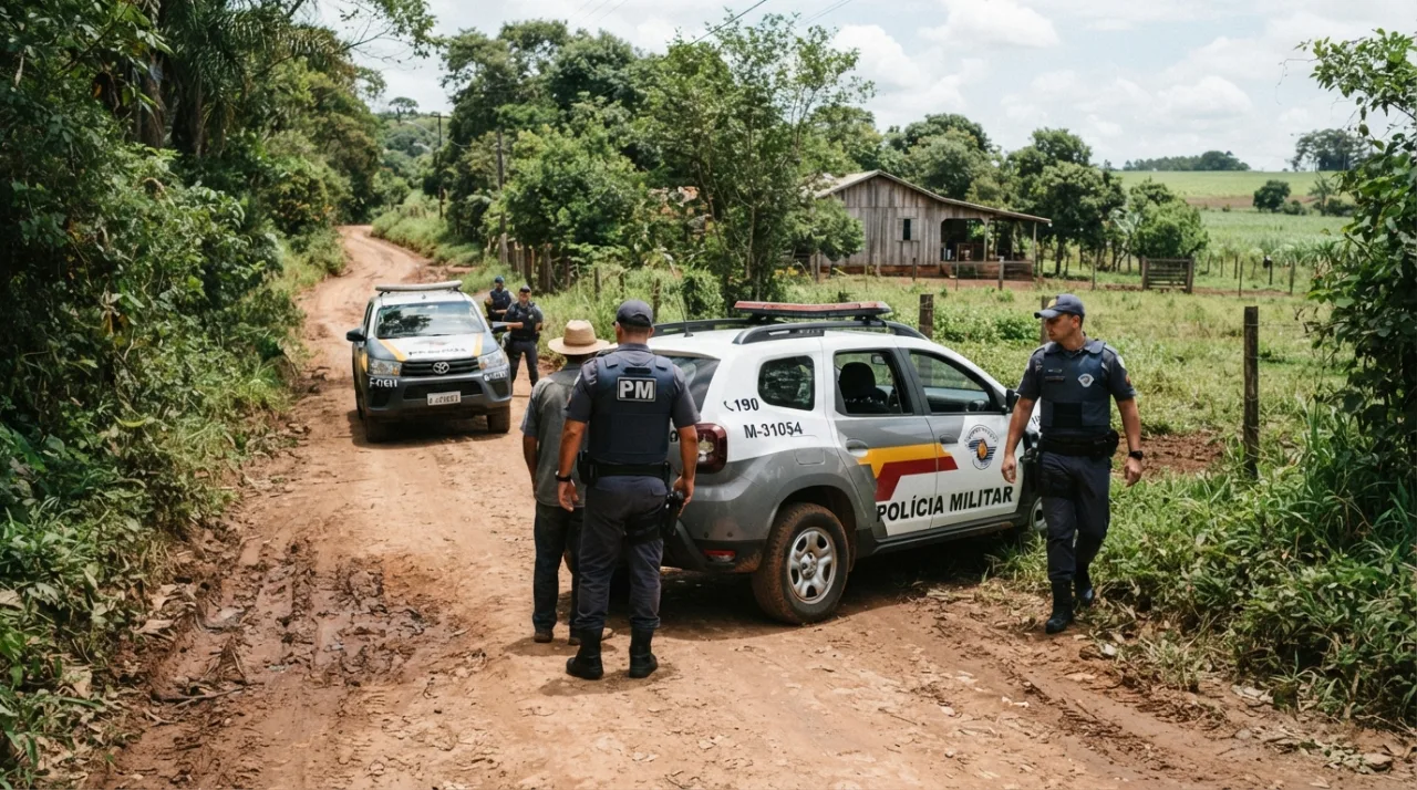 Viaturas policiais caracterizadas em uma rua de zona rural, com foco em segurança pública e atuação de agentes da lei durante operação diurna, estilo fotográfico realista.