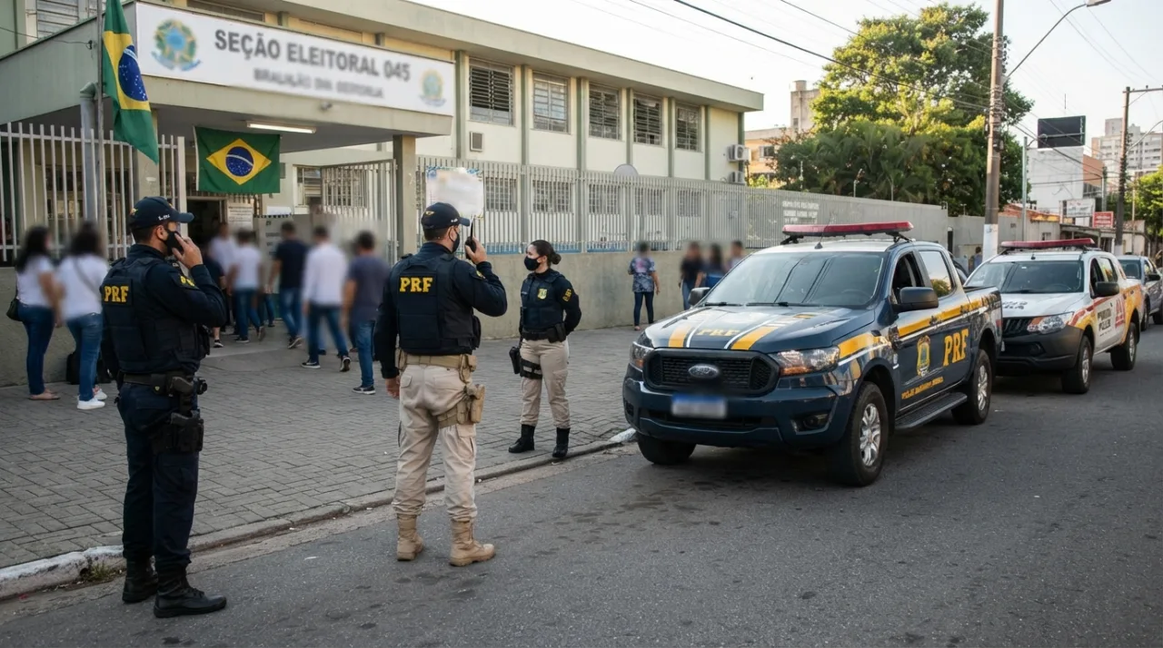 Viaturas policiais e agentes em operação de fiscalização em frente a uma seção eleitoral brasileira, foco na seriedade institucional, iluminação diurna.