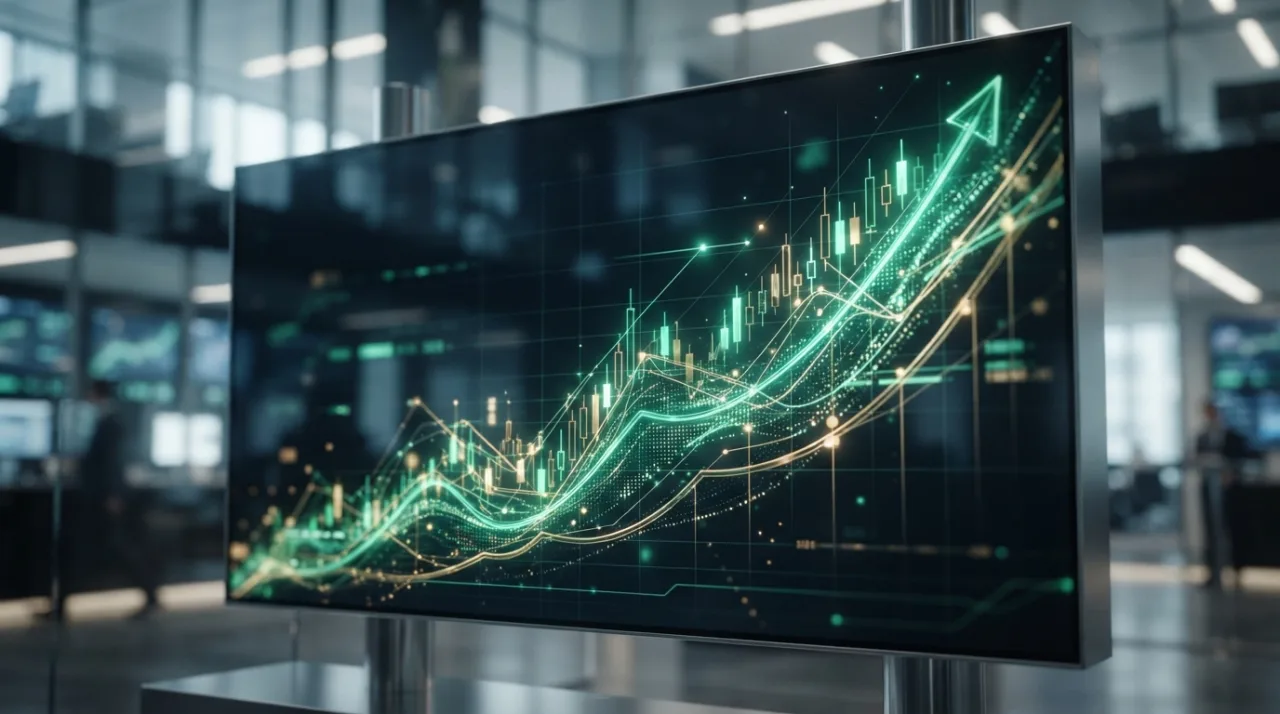 Visão abstrata de um gráfico de mercado financeiro em ascensão, com cores verde e tons metálicos, luz suave, estilo editorial de alta qualidade, sem textos.