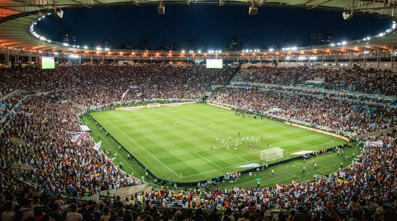Visão geral de um estádio de futebol profissional durante uma partida noturna, com gramado impecável e arquibancadas iluminadas.