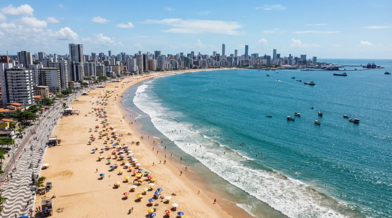 Vista aérea da orla de Fortaleza, focando na faixa de areia e no mar, com o horizonte da cidade ao fundo em um dia ensolarado, estilo fotografia jornalística.