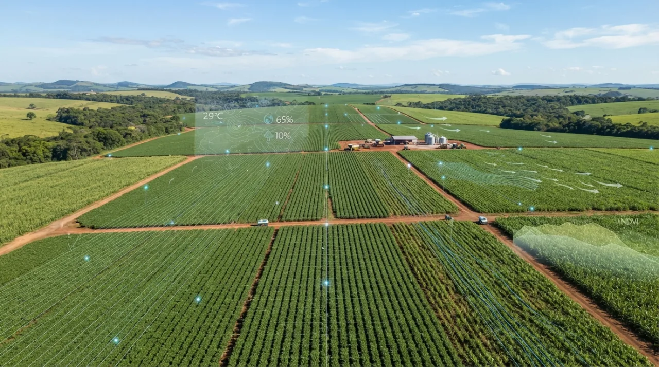 Vista aérea de uma vasta plantação brasileira sob sol intenso, com elementos gráficos digitais sutis sobrepostos simbolizando monitoramento climático e tecnologia de dados, estilo