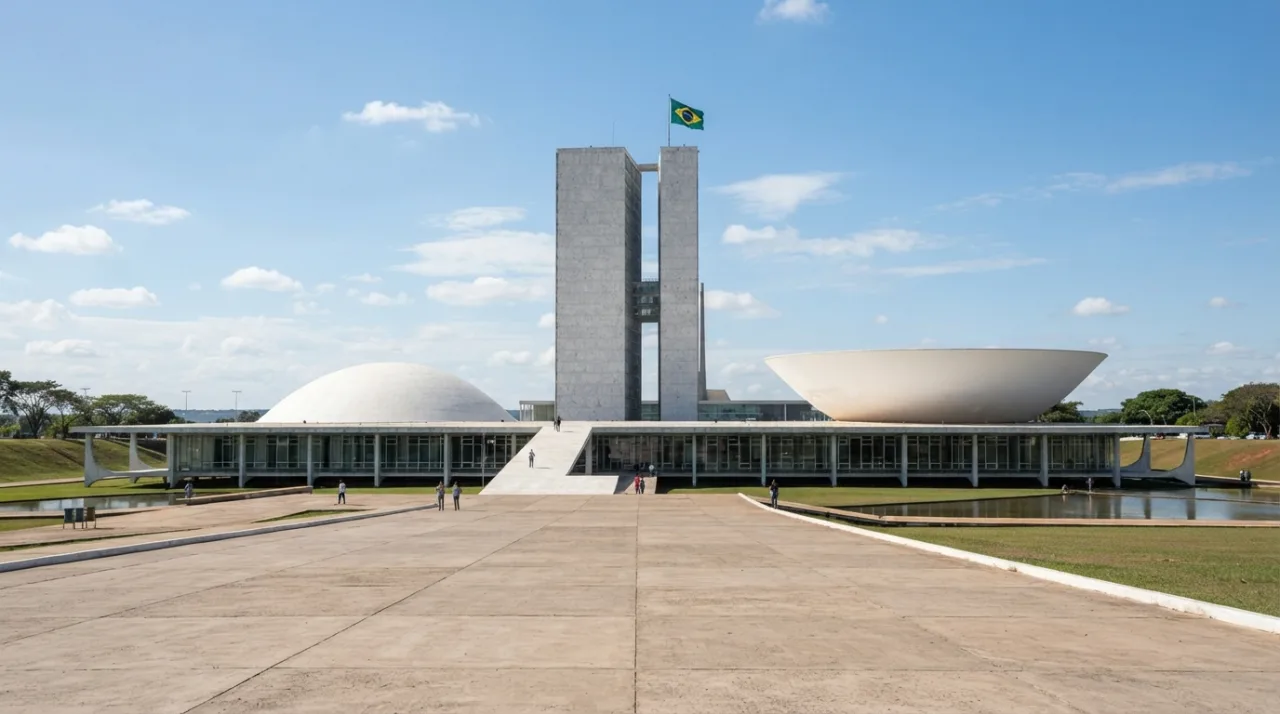 Vista frontal do prédio do Congresso Nacional em Brasília, arquitetura moderna com duas cúpulas, luz natural de dia claro.