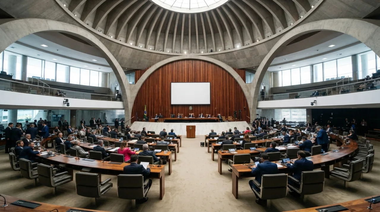 Vista interna e imponente do plenário do Senado Federal, destacando a arquitetura brasileira e o espaço ocupado pelos parlamentares.