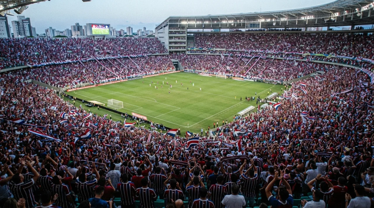 Vista panorâmica de um estádio de futebol lotado com torcedores vestindo camisas tricolores, atmosfera vibrante de final de campeonato, sem exibir textos ou nomes de atletas.