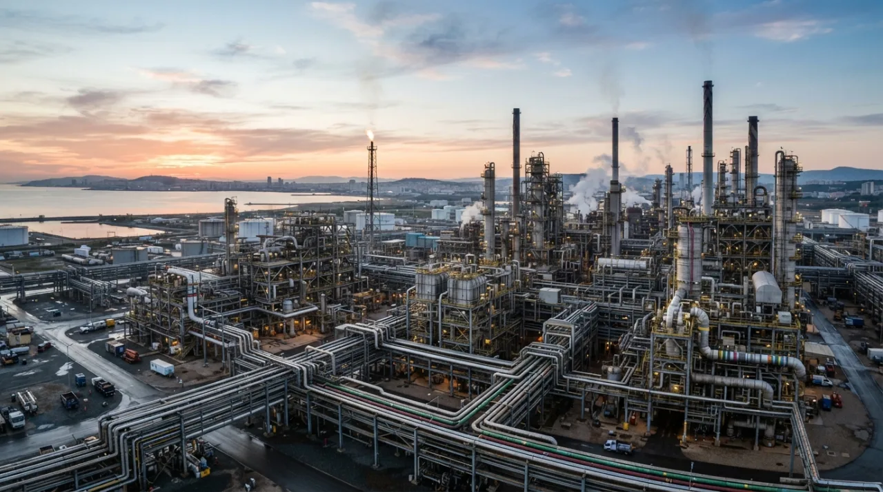 Vista panorâmica de uma grande refinaria de petróleo moderna com tubulações complexas e chaminés industriais ao amanhecer, estilo fotografia documental realista, alta definição.