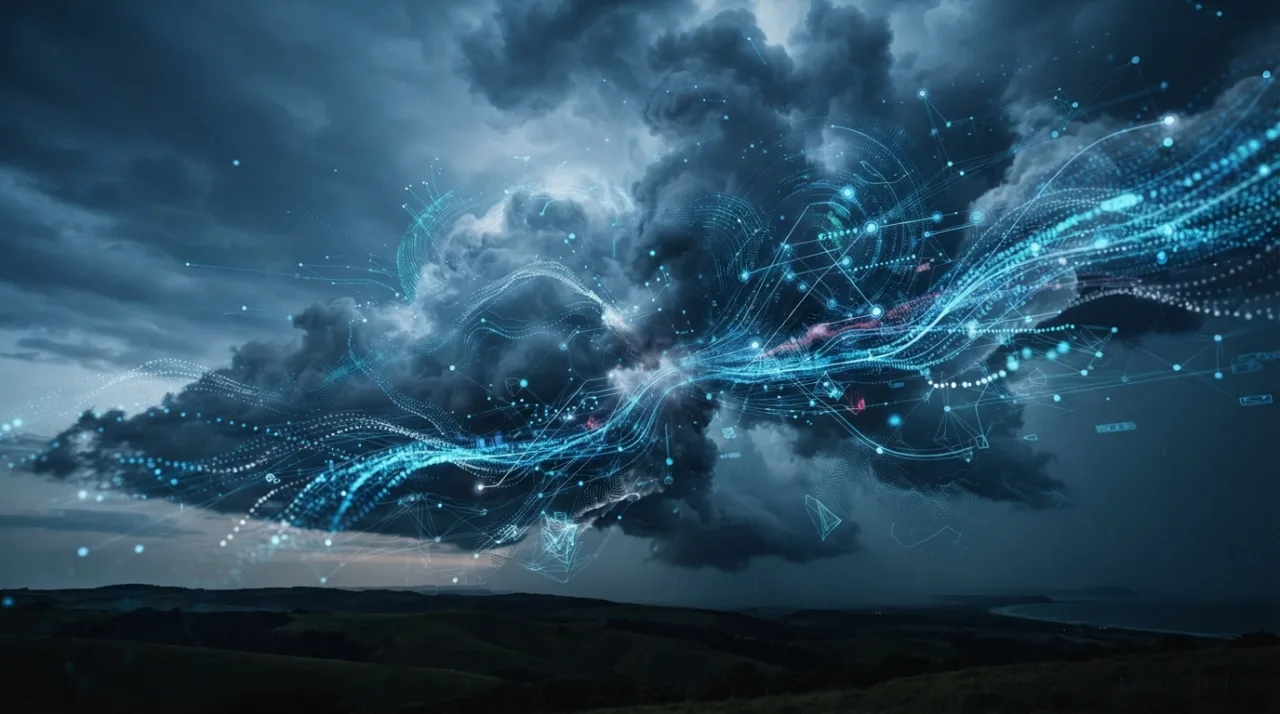Visualização abstrata de dados meteorológicos e inteligência artificial, mostrando nuvens de tempestade e fluxos de dados digitais em tons de azul e cinza.
