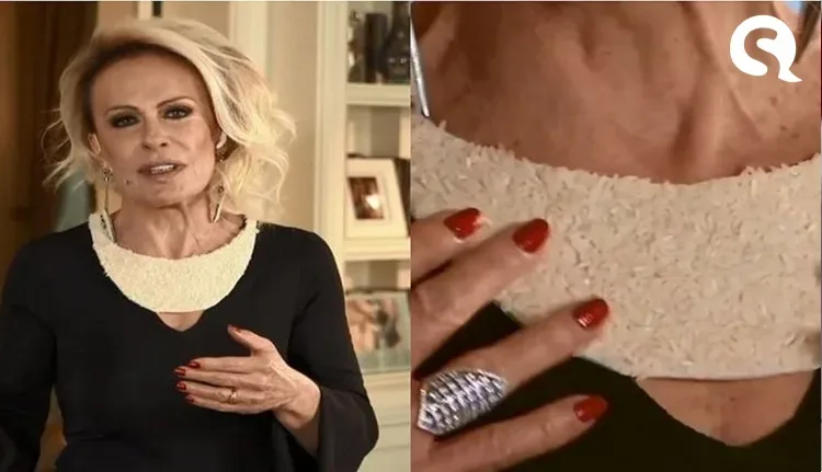 Ana Maria Braga protesta contra o preço do arroz, usando um colar com os grãos