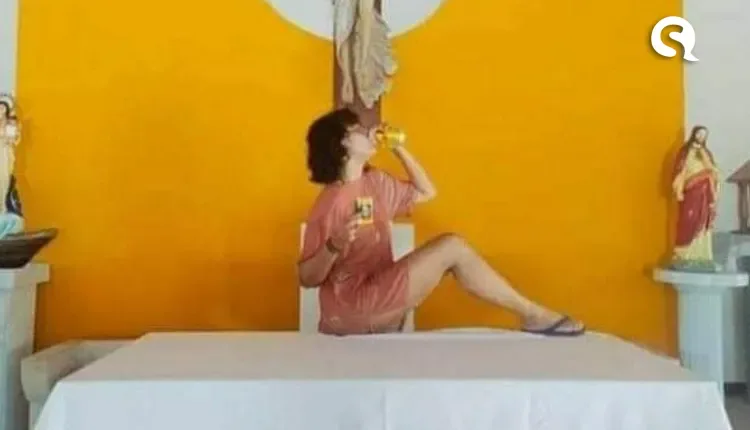 Profanação: jovem senta sobre o altar de Igreja no Ceará com cerveja na mão