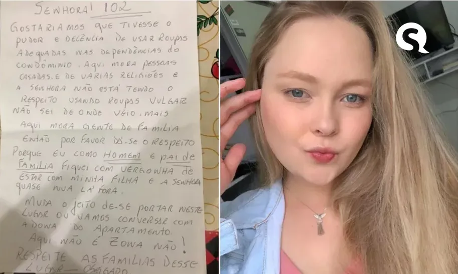 Jovem recebe carta de vizinho reclamando das roupas usadas por ela em condomínio no Paraná: ‘Aqui não é zona’, afirma morador