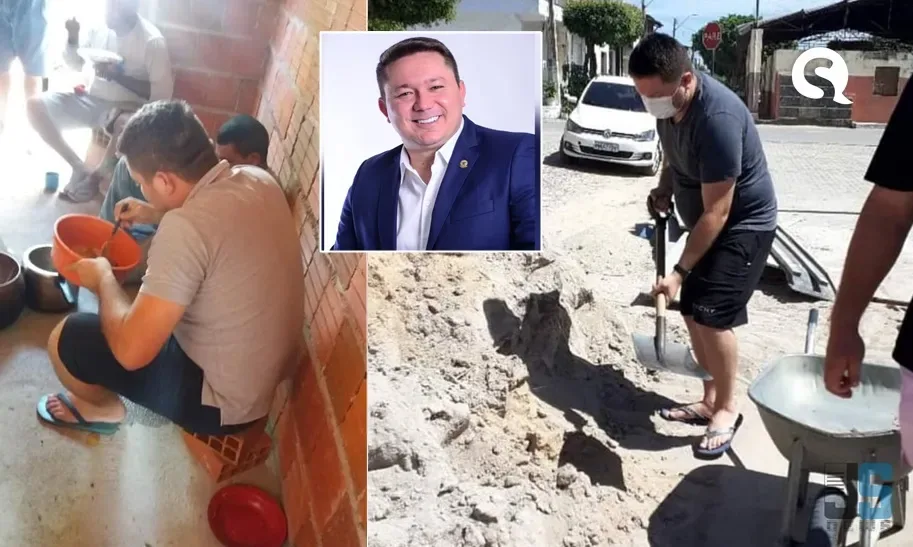 Prefeito de Senador Sá coloca a ‘mão na massa’ e ajuda equipe em reforma de praça
