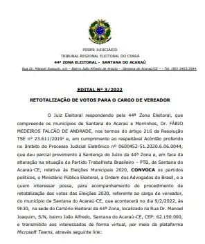 Justiça Eleitoral cassa mandato de vereador e faz recontagem de votos em Santana do Acaraú