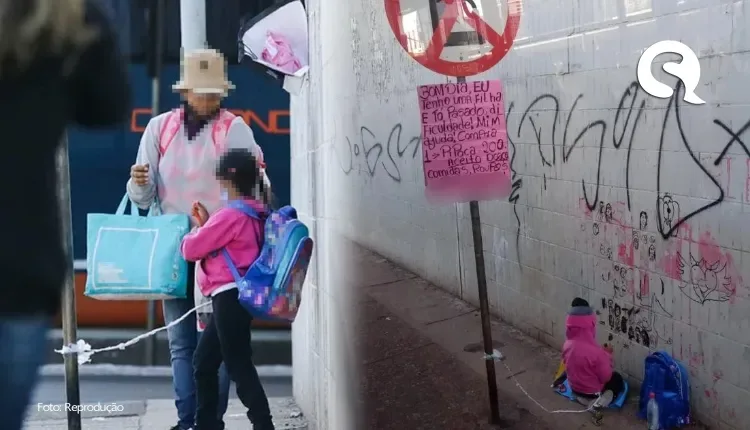 Mãe amarra filha em placa para vender pipoca em semáforo