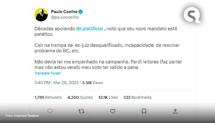 Paulo Coelho diz que empenho por campanha de Lula não valeu a pena e fala em mandato “patético”