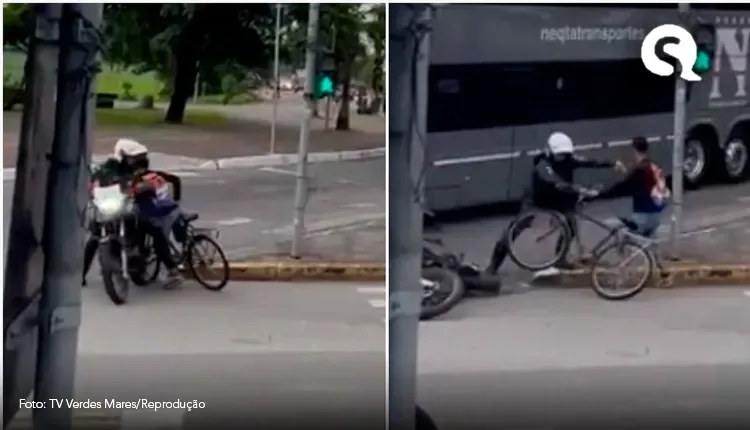 Ciclista colide e derruba policial militar de moto em Fortaleza