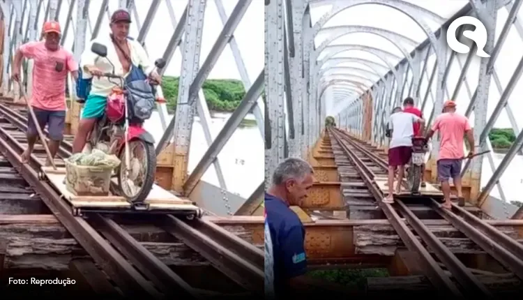 Com estrada interditada após chuvas, população improvisa tábua com rodas em trilho de ponte desativada para se locomover entre cidades no Ceará