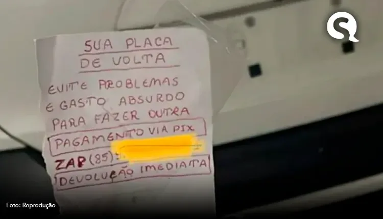Criminoso furta placa de carro e deixa bilhete exigindo resgate do item em Fortaleza: ‘devolução imediata’