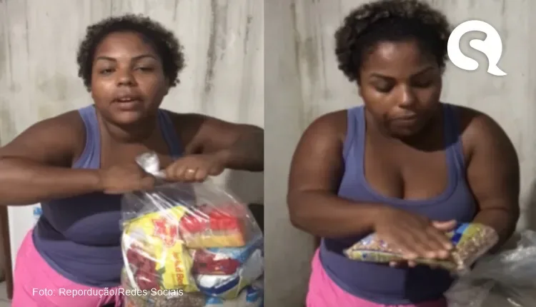 Mulher ganha cesta básica da prefeitura e reclama de alimentos