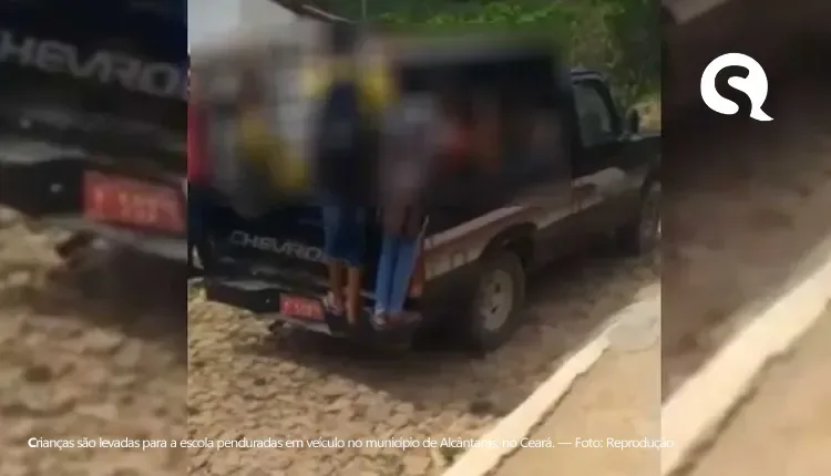 Crianças vão para a escola penduradas em carroceria de veículo da prefeitura em Alcântaras