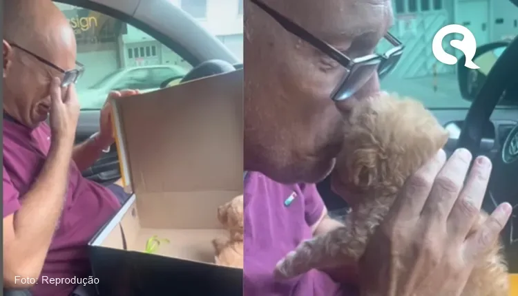Pai chora de emoção ao ganhar cachorrinho de dia dos pais