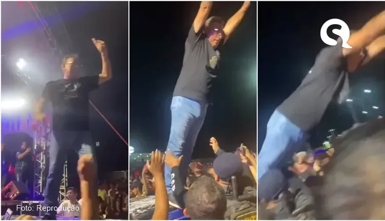 Prefeito de Senador Pompeu se empolga em festa e se joga na plateia, mas cai no chão