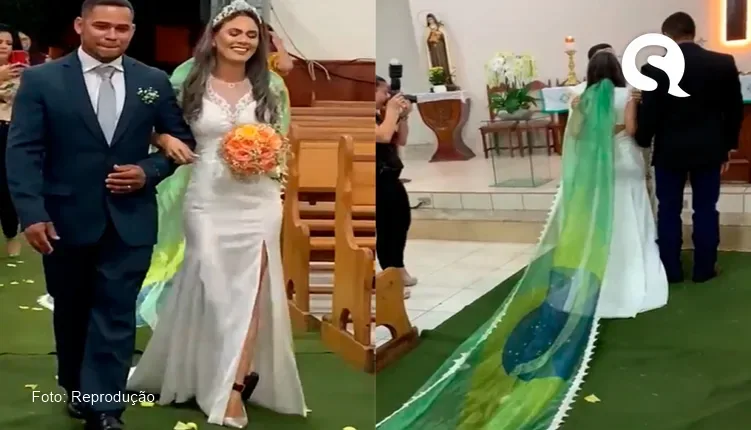 Presa pelos atos do 8 de janeiro, mulher se casa usando bandeira do Brasil como véu e tornozeleira eletrônica