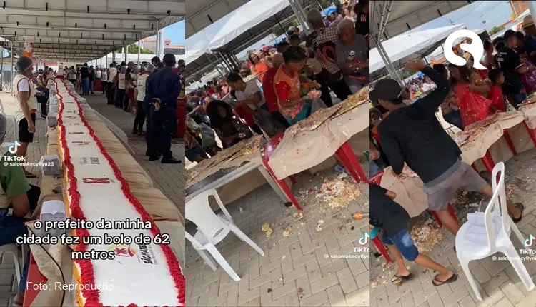 População destrói bolo de 62 metros em alguns segundos em festa municipal