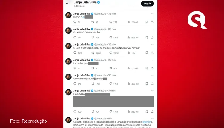 Conta de Janja é hackeada no X com ofensas a ela e Lula; governo aciona PF