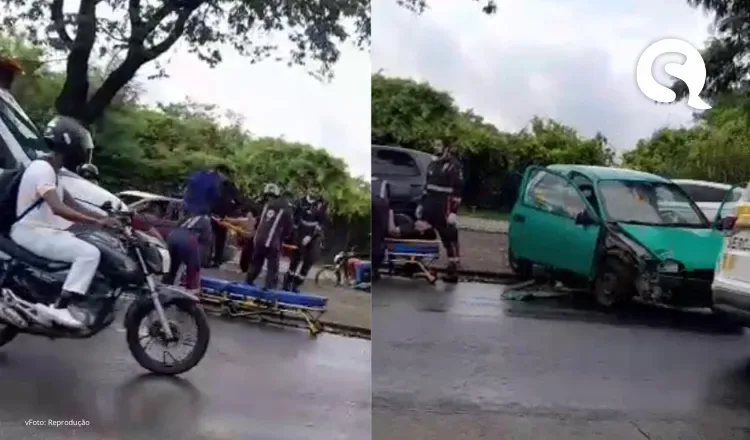 Carro colide com ônibus e atinge motociclista e passageira na Avenida Raul Barbosa, em Fortaleza